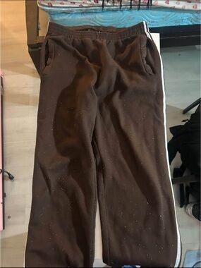Brown Track Pants with White Side Stripes